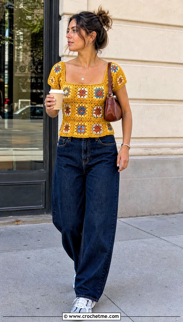 Granny Square Crochet Milkmaid Top With Barrel Jeans - 20 Crochet Milkmaid Top outfit ideas