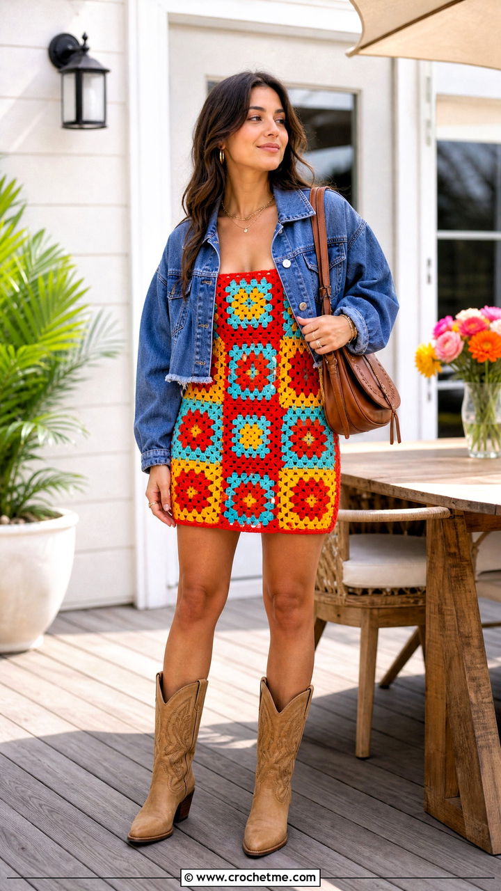 Granny Square Crochet Mini Birthday Dress With Western Boots - 35 crochet birthday dress outfit ideas