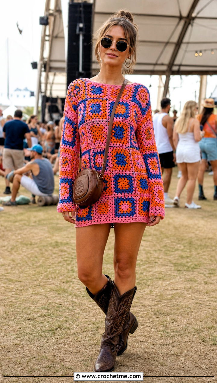 Granny Square Crochet Mini Dress With Cowboy Boots - 35 long sleeve crochet dress outfit ideas