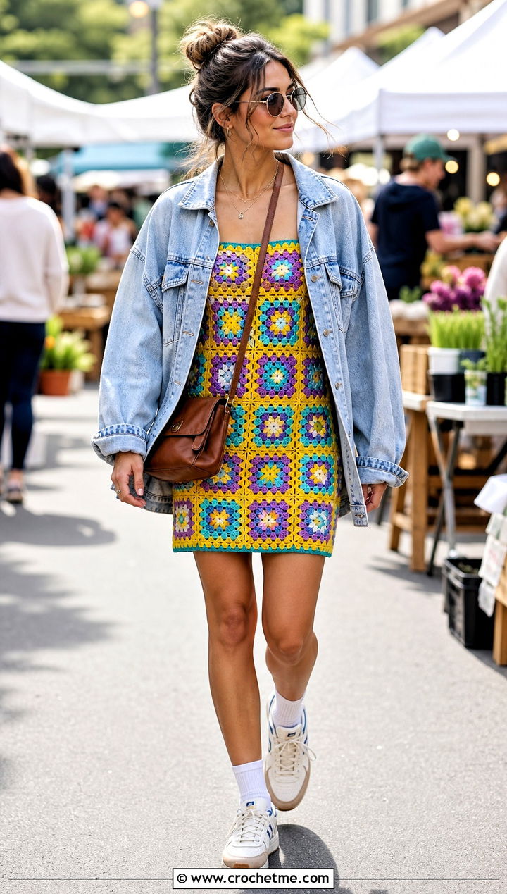 Granny Square Crochet Mini Dress With Denim Jacket - 35 cute crochet dress ideas