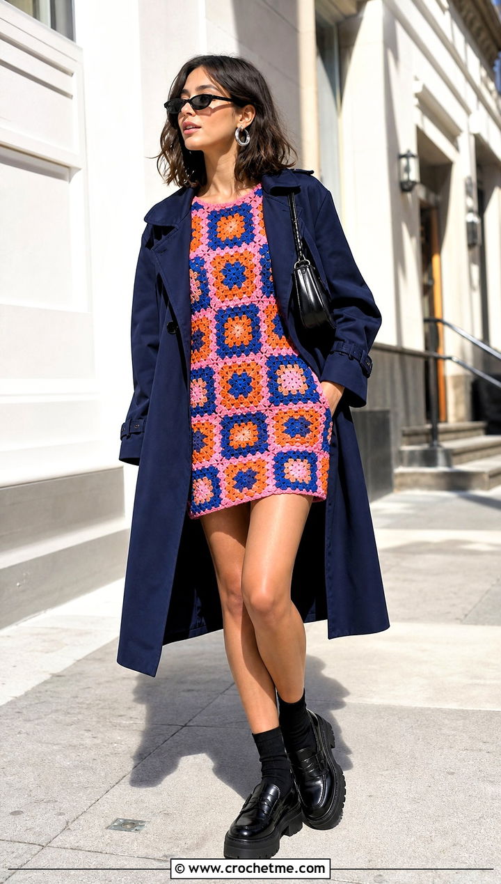 Granny Square Crochet Mini Dress With Loafers - 15 colorful crochet dress outfit ideas