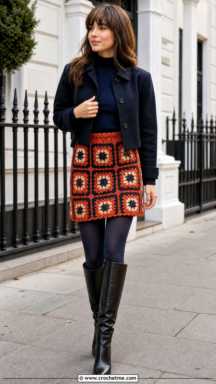 Granny Square Crochet Mini Skirt With Tights - 35 fall crochet clothes and outfit ideas