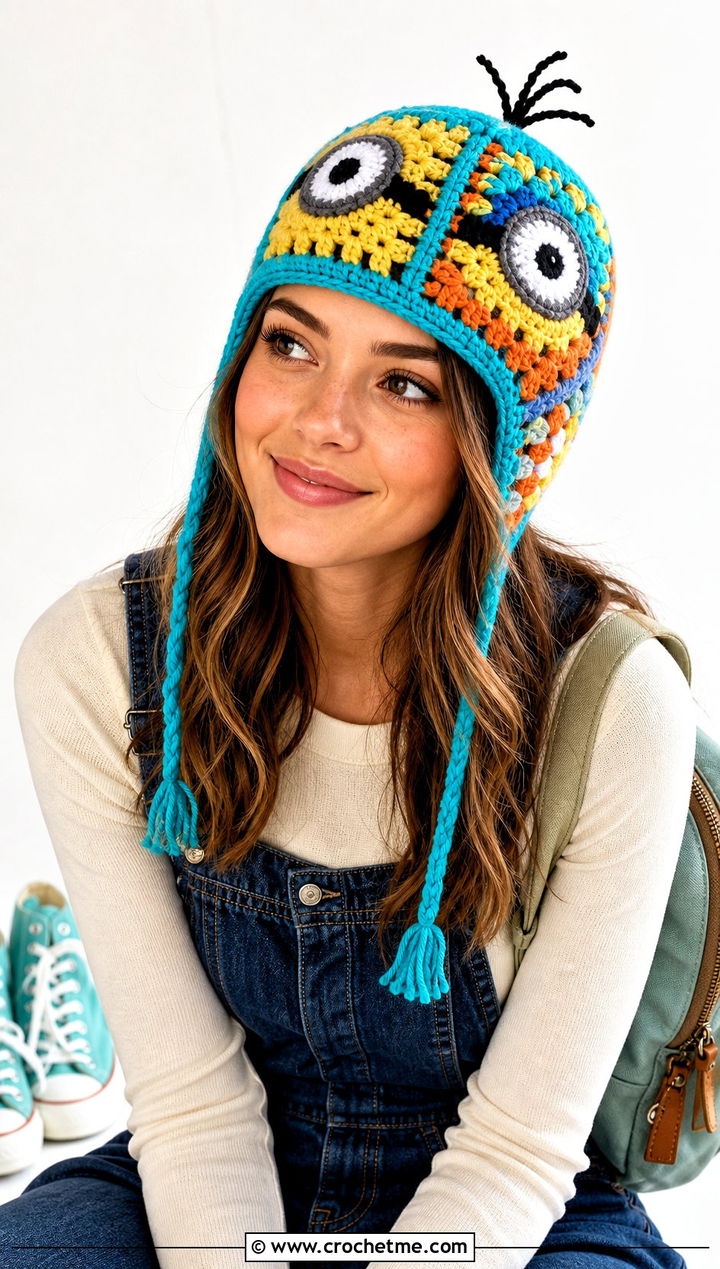 Granny Square Crochet Minion Hat With Overalls - 20 Crochet Minion Hats outfit ideas