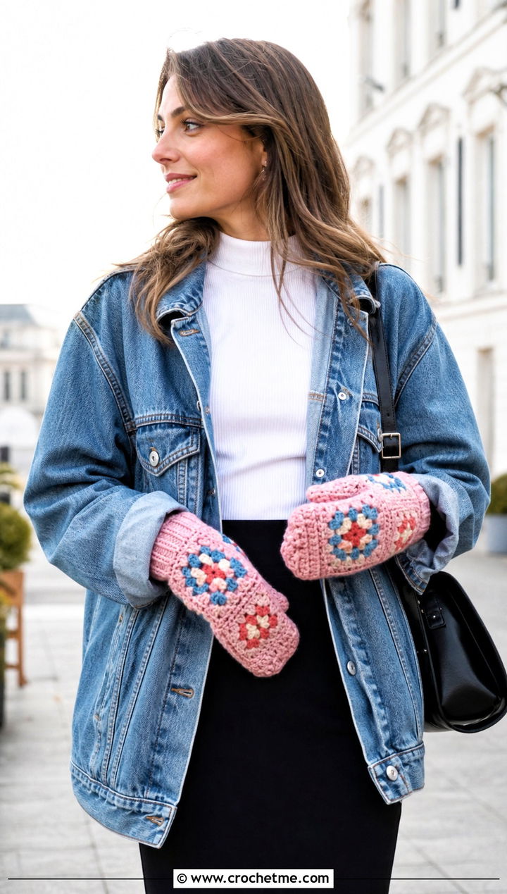 Granny Square Crochet Mittens With Denim Jacket - 25 women crochet mittens outfit ideas