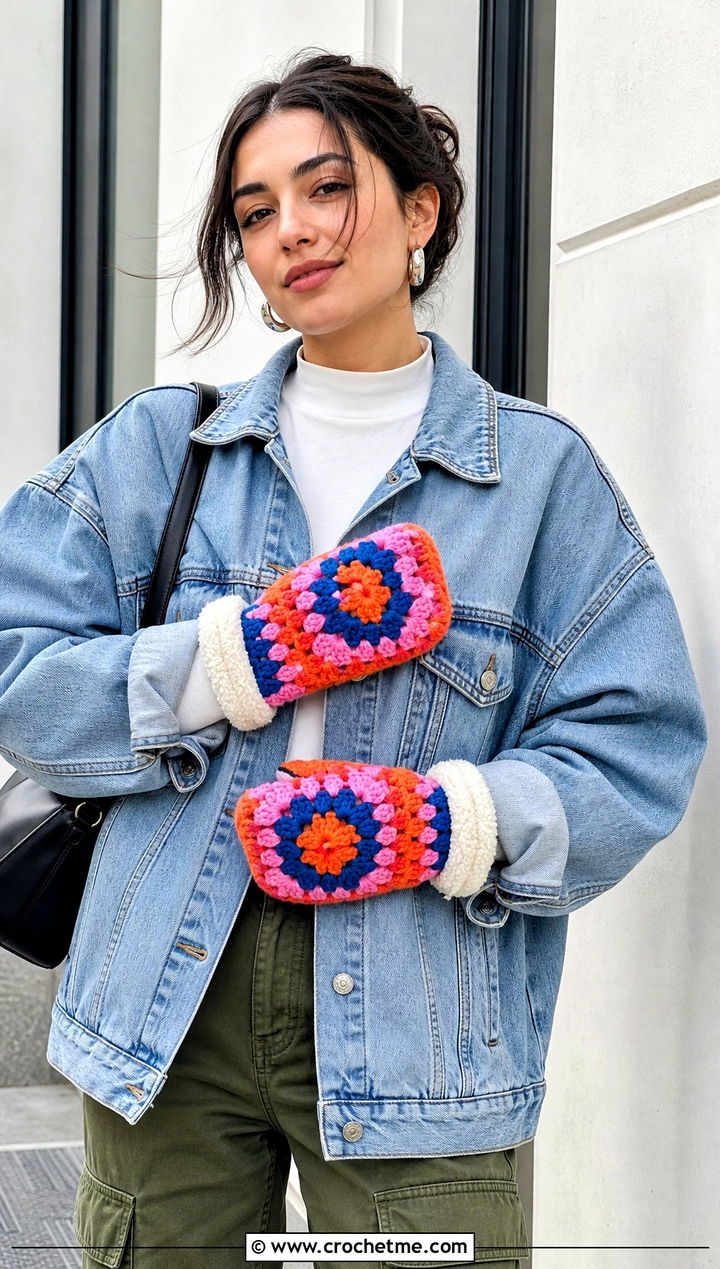 Granny Square Crochet Mittens With Denim Jacket - 15 Crochet Mittens With Fleece Lining outfit ideas