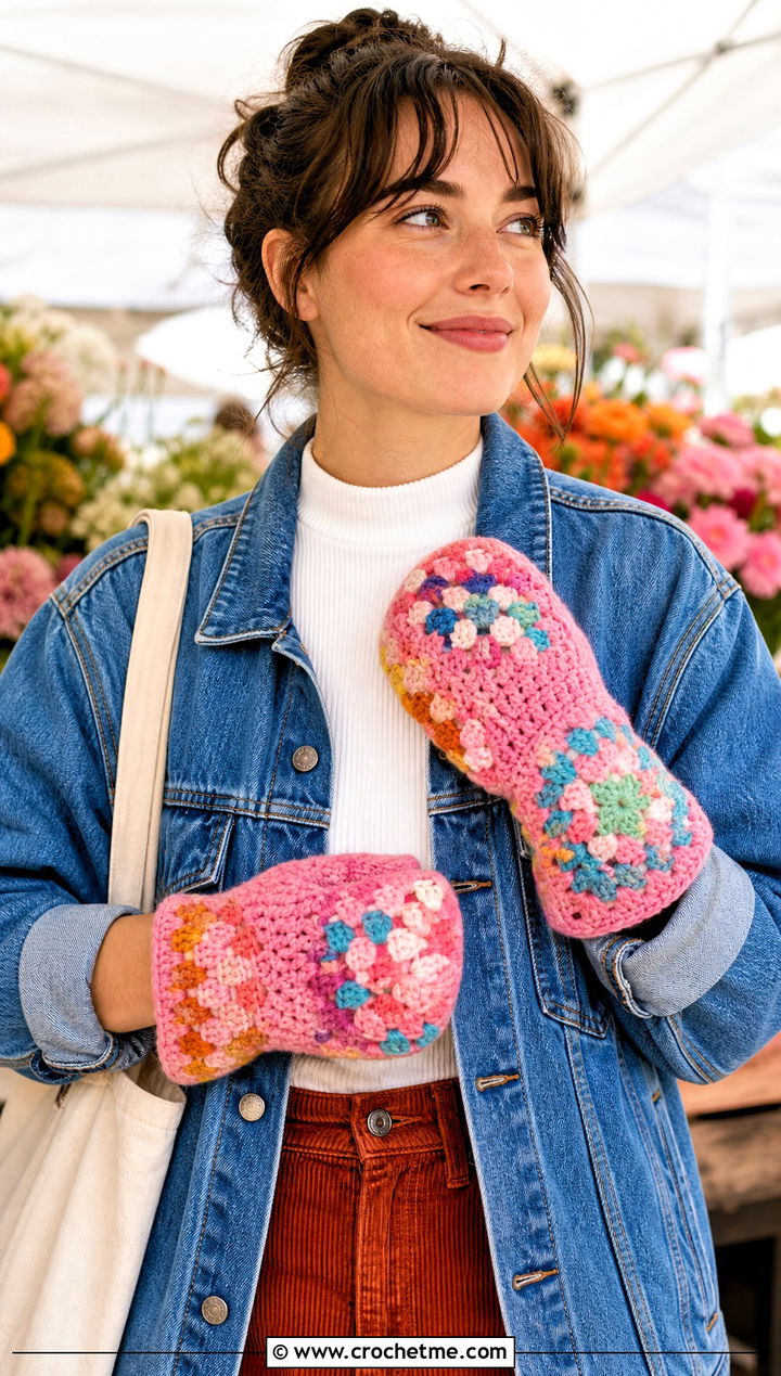 Granny Square Crochet Mittens With Denim Jacket And Corduroy Pants - 25 Easy Crocheted Mittens outfit ideas