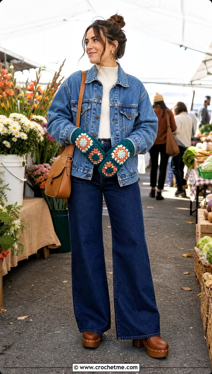 Granny Square Crochet Mittens With Denim Jacket - 35 easy crochet mittens for beginners outfit ideas