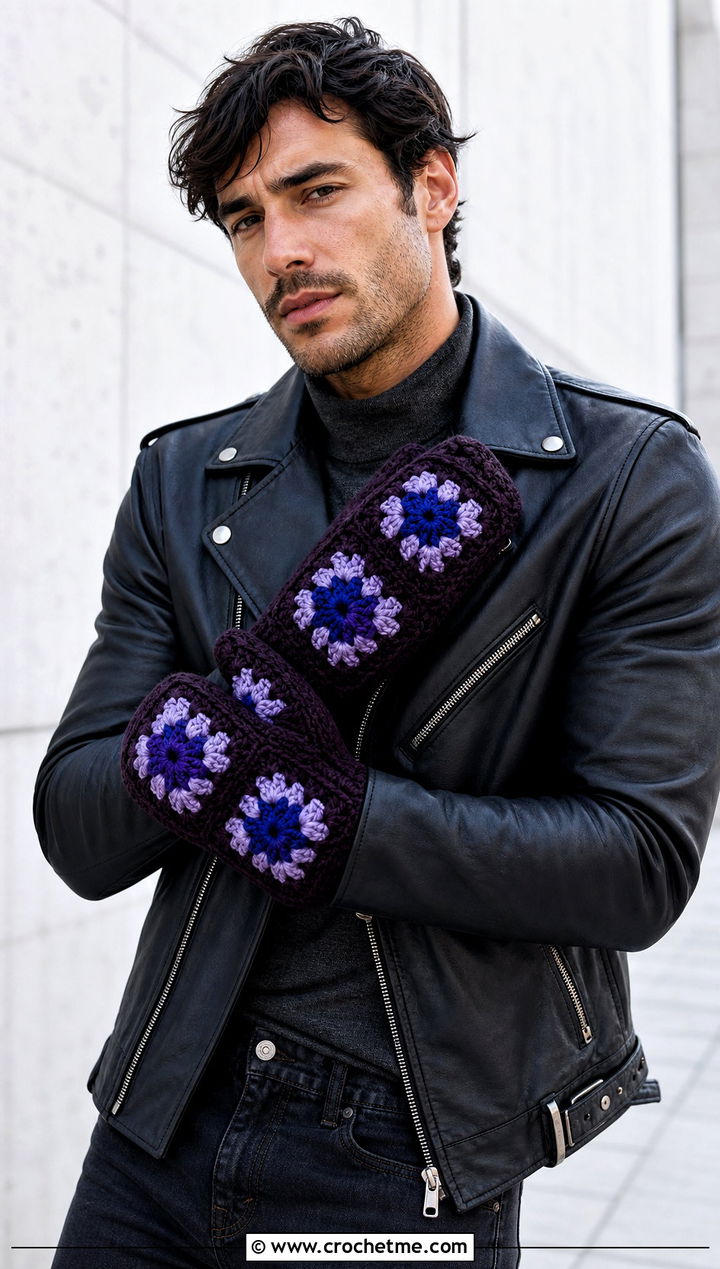 Granny Square Crochet Mittens With Leather Jacket - 25 Crochet Mens Mittens outfit ideas