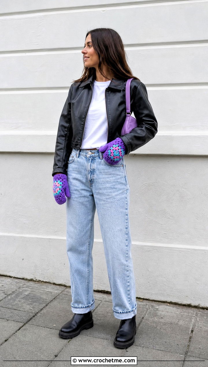 Granny Square Crochet Mittens With Leather Jacket - 35 easy crochet mittens outfit ideas