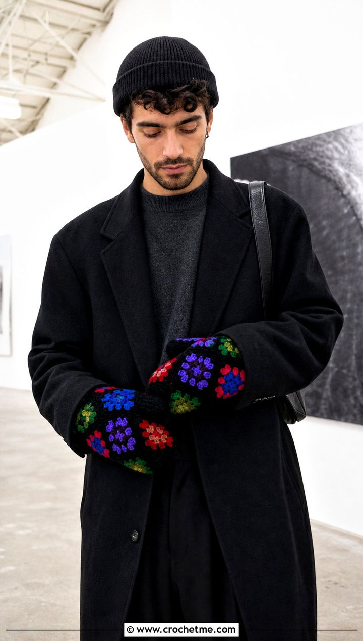 Granny Square Crochet Mittens With Monochrome Outfit - 25 crochet mittens for men outfit ideas