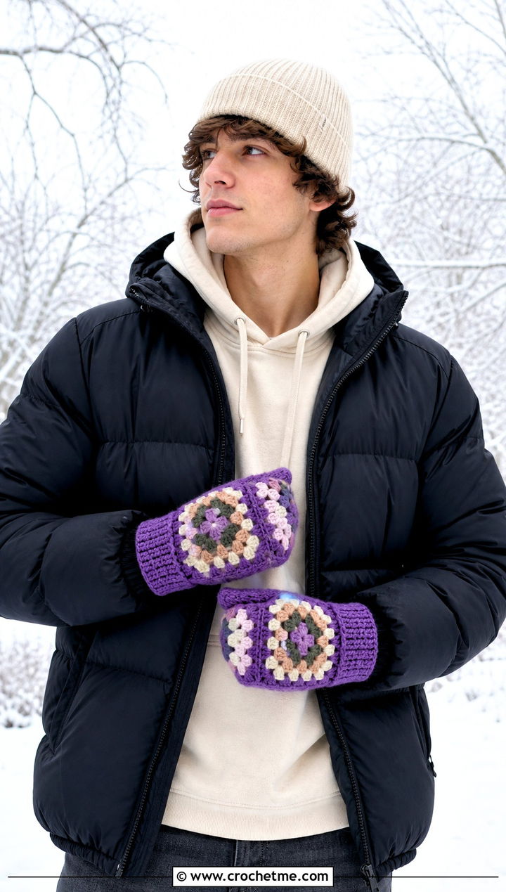 Granny Square Crochet Mittens With Puffer Jacket - 25 Mens Crochet Mittens outfit ideas
