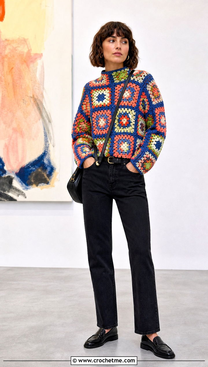Granny Square Crochet Mock Neck Sweater With Black Denim - 25 Crochet Mock Neck Sweater outfit ideas