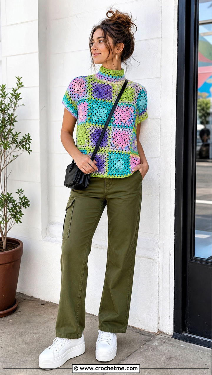 Granny Square Crochet Mock Neck Top With Cargo Pants - 35 crochet mock neck top outfit ideas