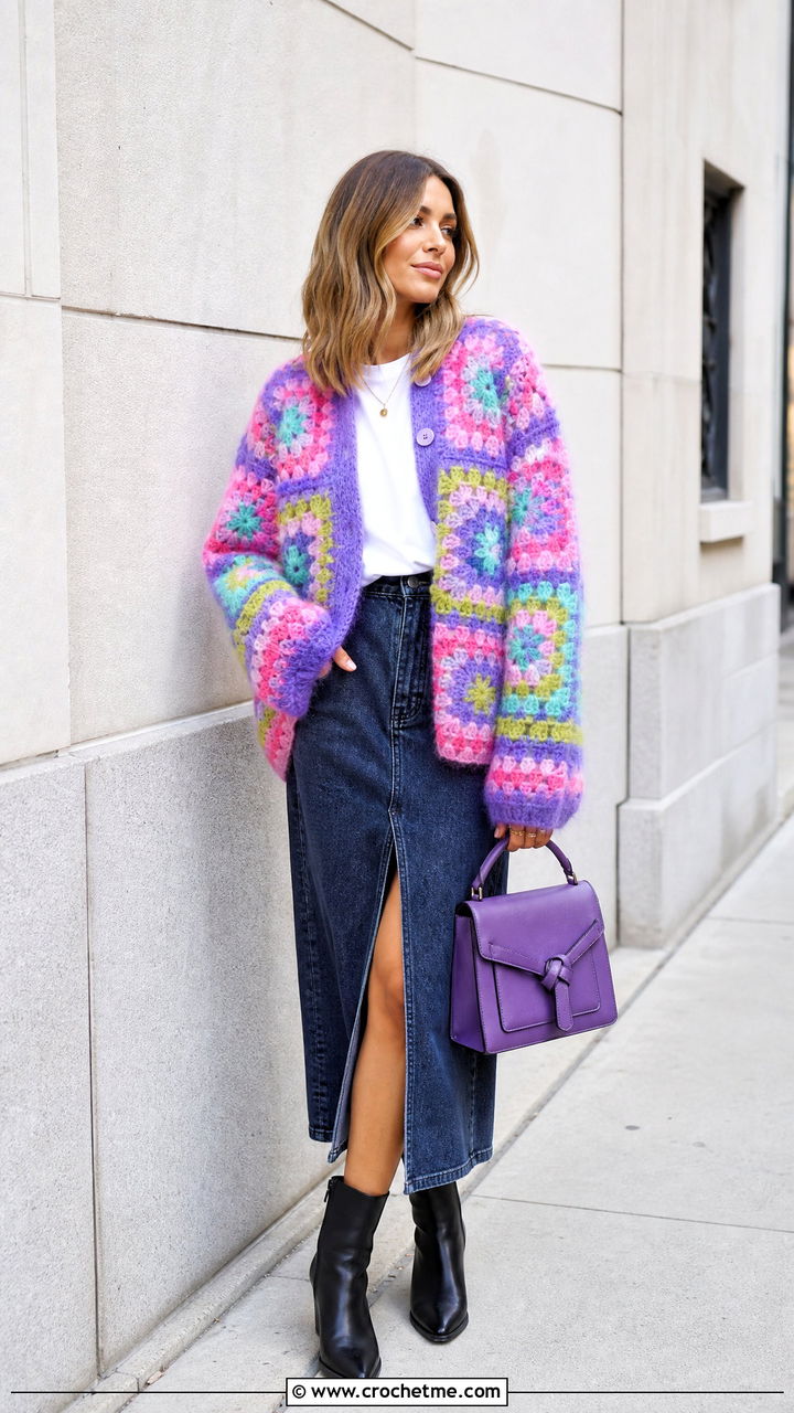 Granny Square Crochet Mohair Cardigan With Denim Skirt - 35 crochet mohair cardigan outfit ideas