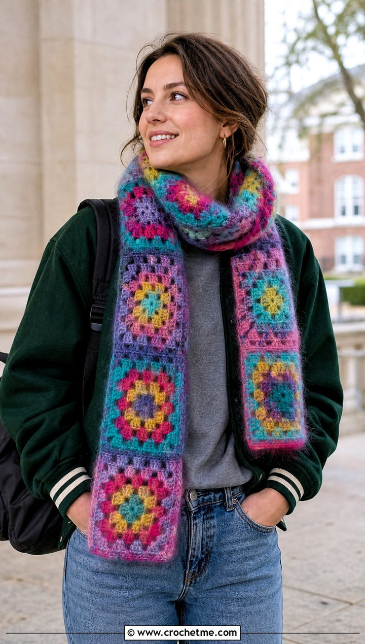 Granny Square Crochet Mohair Scarf With Varsity Jacket - 30 crochet mohair scarf outfit ideas