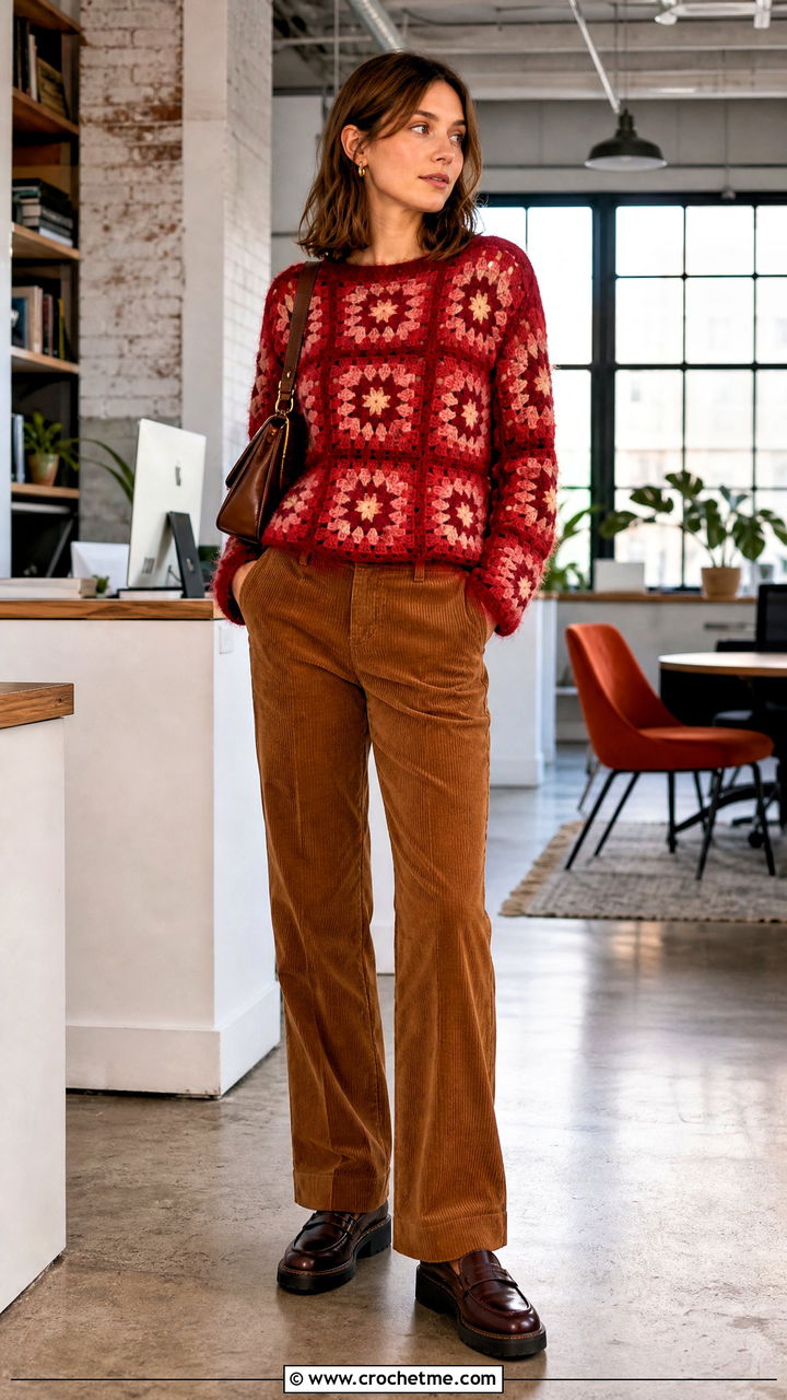 Granny Square Crochet Mohair Top With Corduroy Pants - 35 crochet mohair top outfit ideas