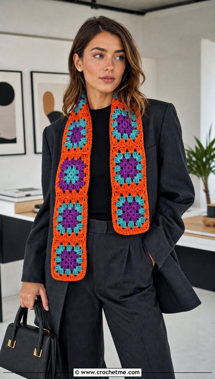 Granny Square Crochet Mood Scarf With Oversized Blazer And Trousers - 15 Crochet Mood Scarf outfit ideas