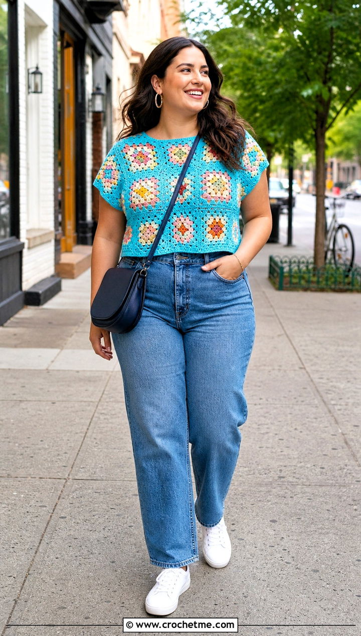 Granny Square Crochet Motif Top With Straight Leg Jeans - 30 crochet motif top outfit ideas