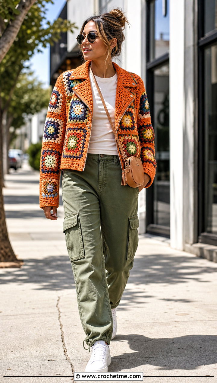 Granny Square Crochet Moto Jacket With Cargo Pants - 15 Crochet Moto Jacket outfit ideas