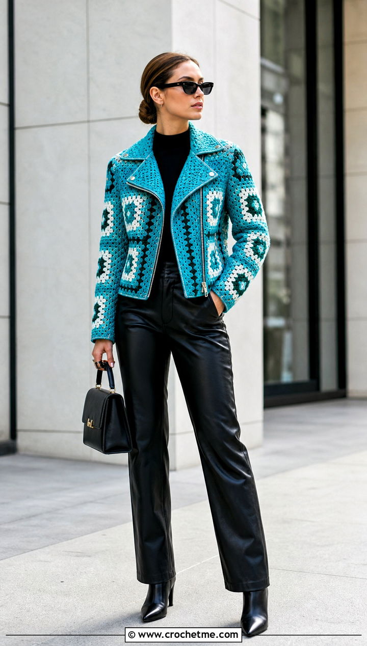 Granny Square Crochet Moto Jacket With Leather Pants - 15 Granny Square Crochet Coats & Jackets outfit ideas