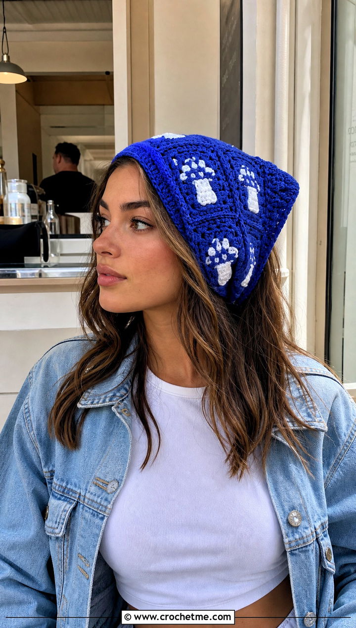 Granny Square Crochet Mushroom Head Scarf With Jeans - 15 Crochet Mushroom Head Scarf outfit ideas