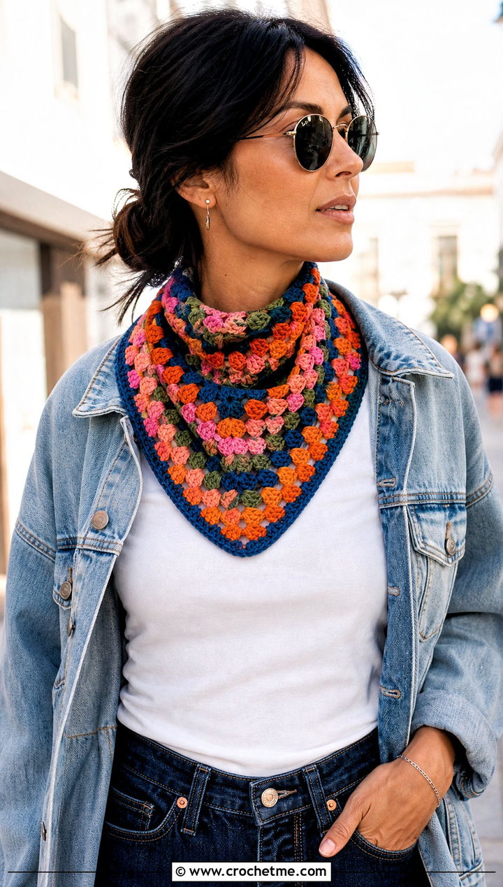 Granny Square Crochet Neckerchief With Denim Jacket - 15 Small Neck Crochet Scarf outfit ideas
