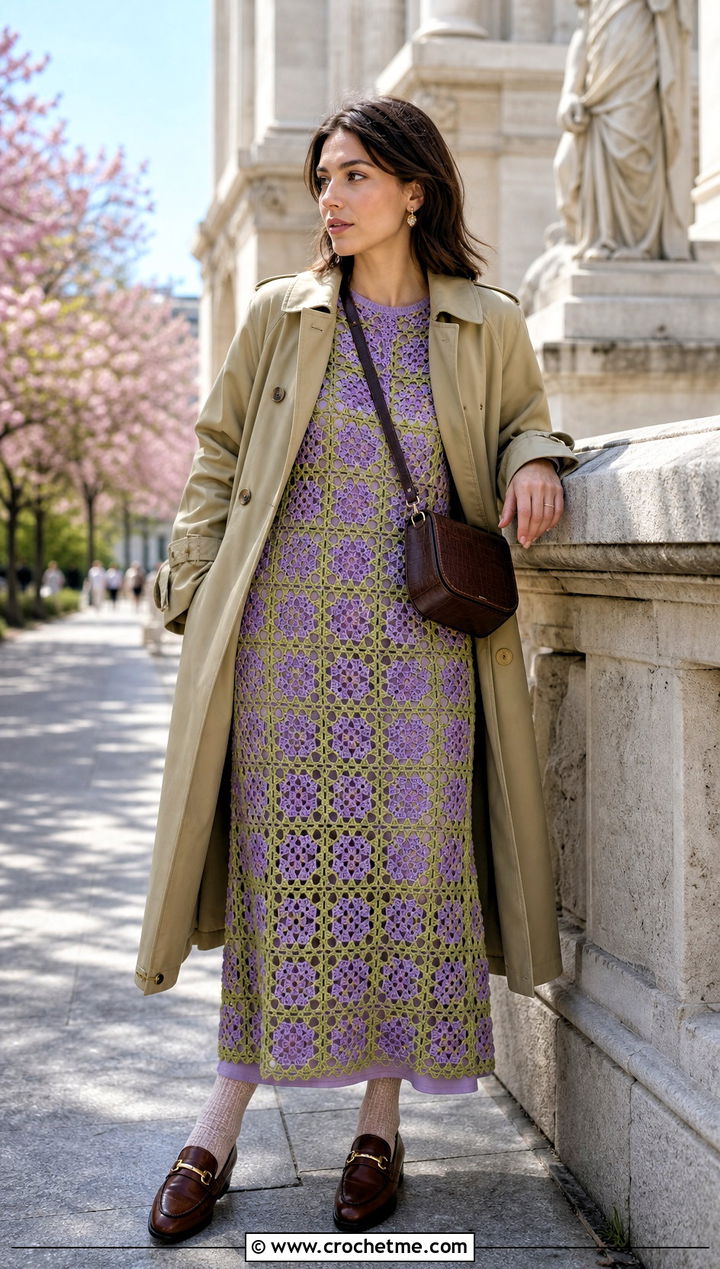 Granny Square Crochet Net Dress With Trench Coat - 25 crochet net dress outfit ideas