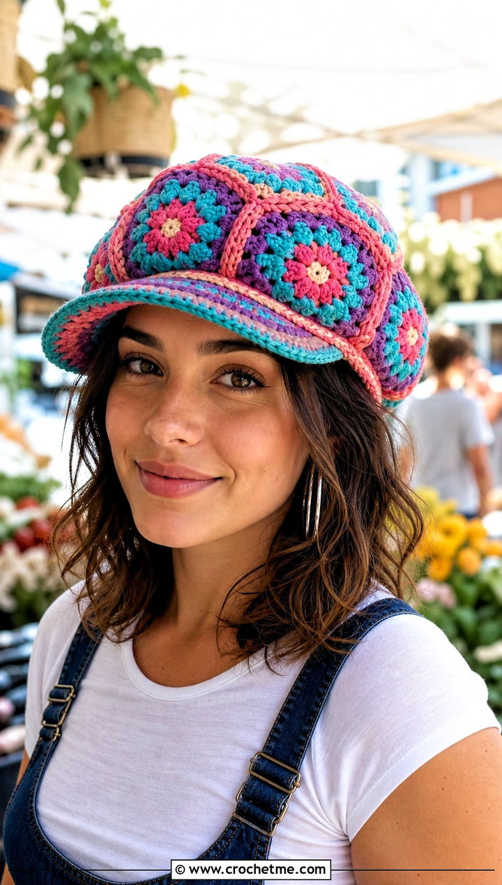 Granny Square Crochet Newsboy Hat With Overalls - 25 newsboy crochet hat outfit ideas