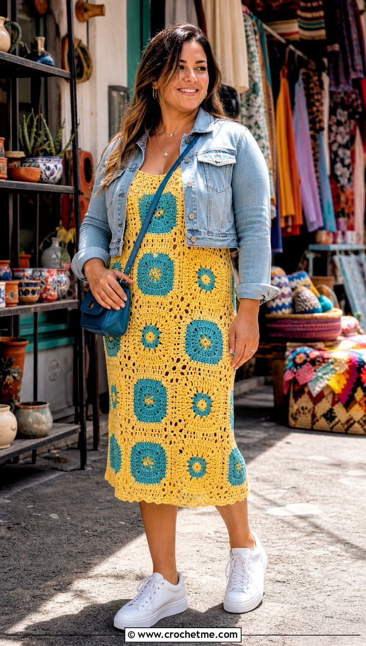Granny Square Crochet Nightgown With Denim Jacket - 35 crochet nightgown outfit ideas