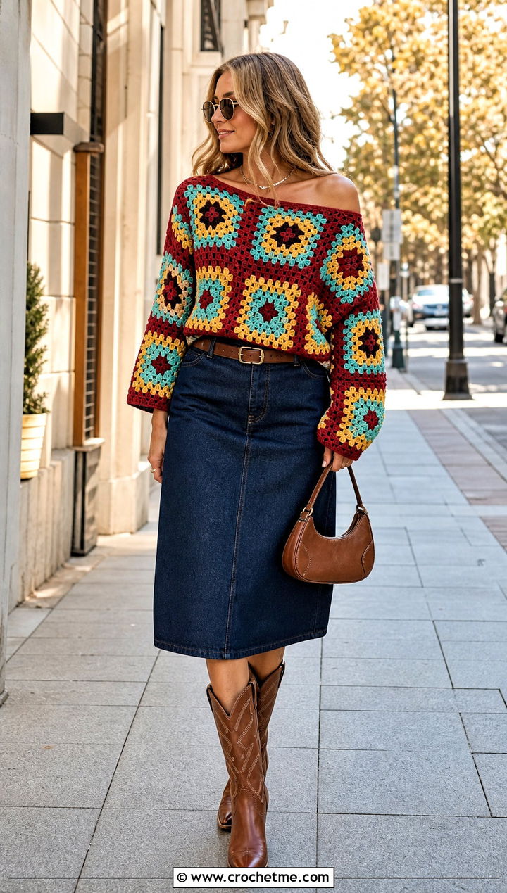 Granny Square Crochet Off Shoulder Sweater With Denim Midi Skirt - 25 Crochet Over The Shoulder Sweater outfit ideas