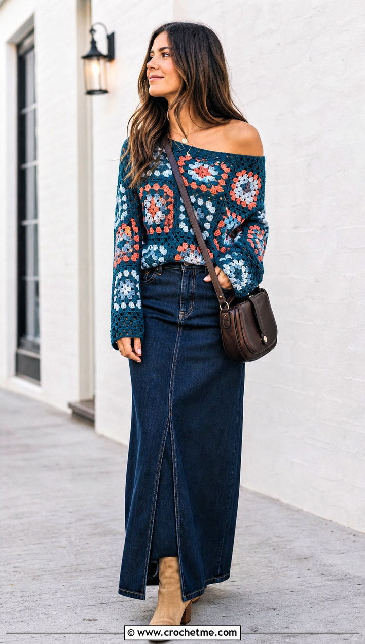 Granny Square Crochet Off The Shoulder Top With Denim Maxi Skirt - 35 Crochet Off The Shoulder Top outfit ideas