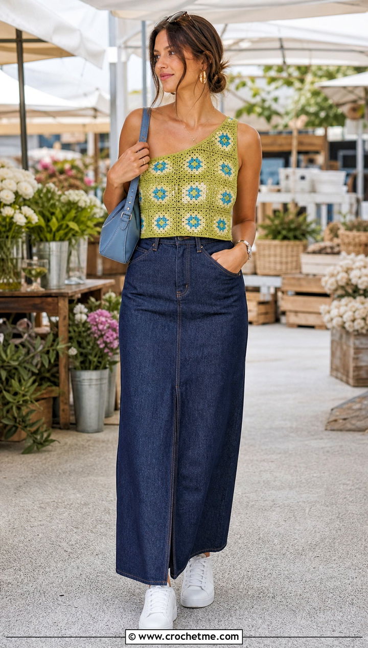 Granny Square Crochet One Strap Top With Denim Maxi Skirt - 20 Crochet One Strap Top outfit ideas