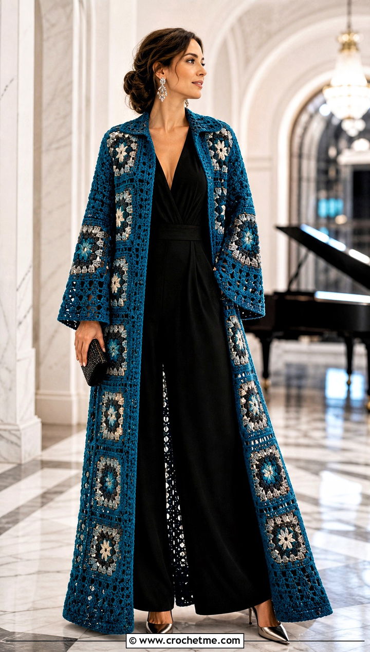 Granny Square Crochet Opera Coat With Evening Jumpsuit - 25 Granny Square Crochet Coat outfit ideas