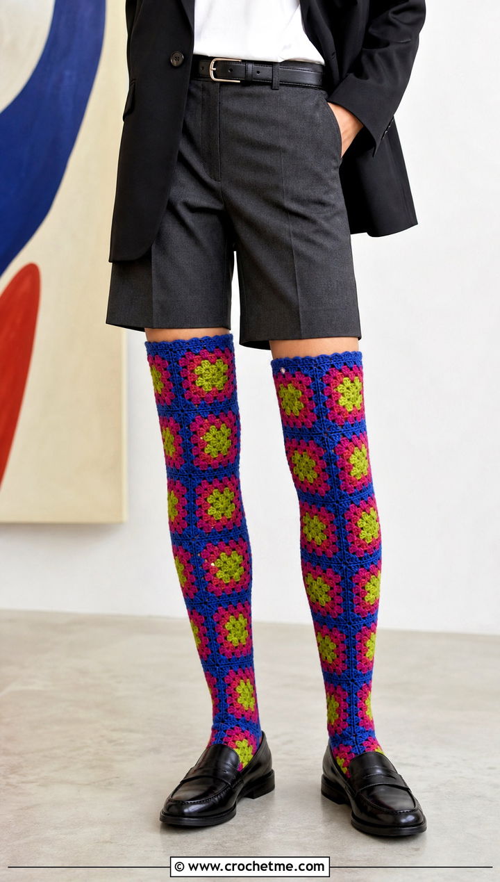 Granny Square Crochet Over The Knee Socks With Blazer - 30 crochet long socks outfit ideas
