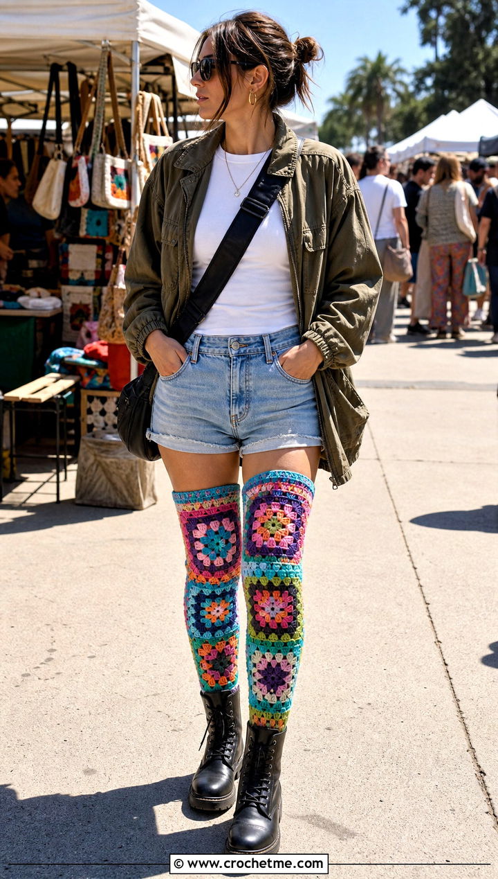 Granny Square Crochet Over The Knee Socks With Denim Shorts - 15 Crochet Over The Knee Socks outfit ideas