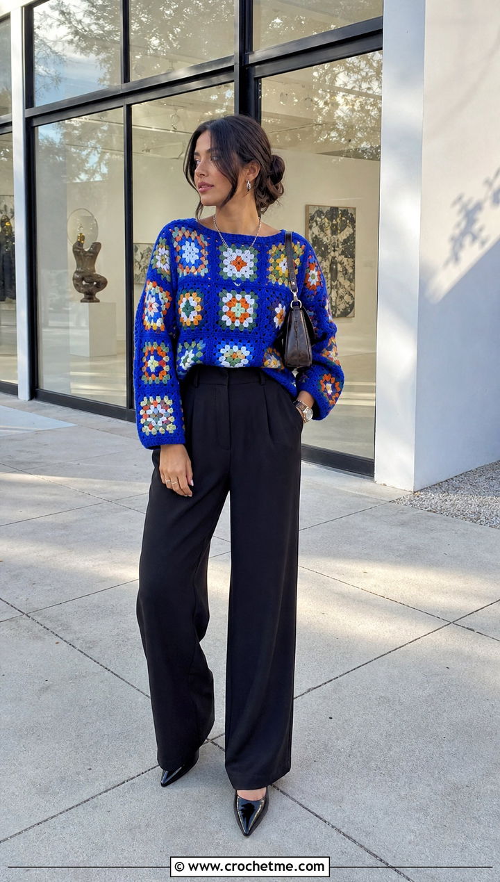 Granny Square Crochet Oversize Sweater With Black Wide Leg Pants - 20 Crochet Oversize Sweater outfit ideas