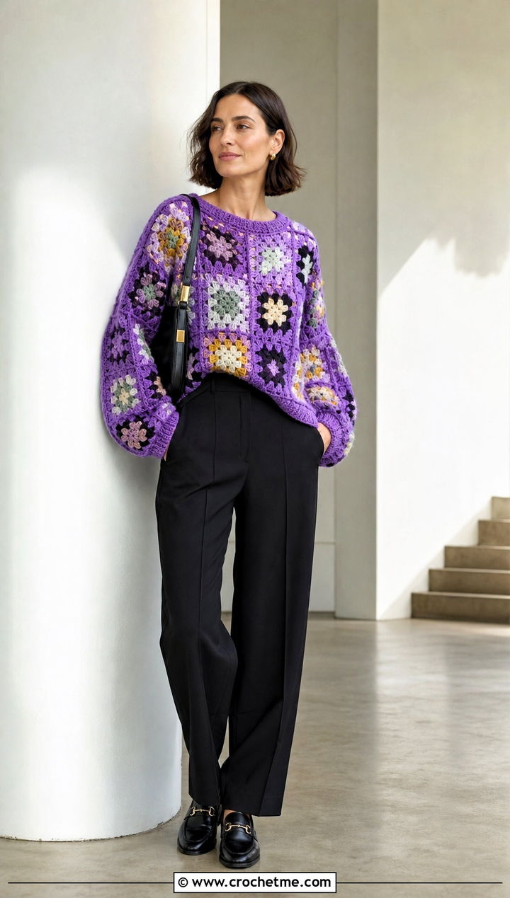 Granny Square Crochet Oversized Sweater With Black Trousers - 20 Easy Crochet Oversized Sweater outfit ideas