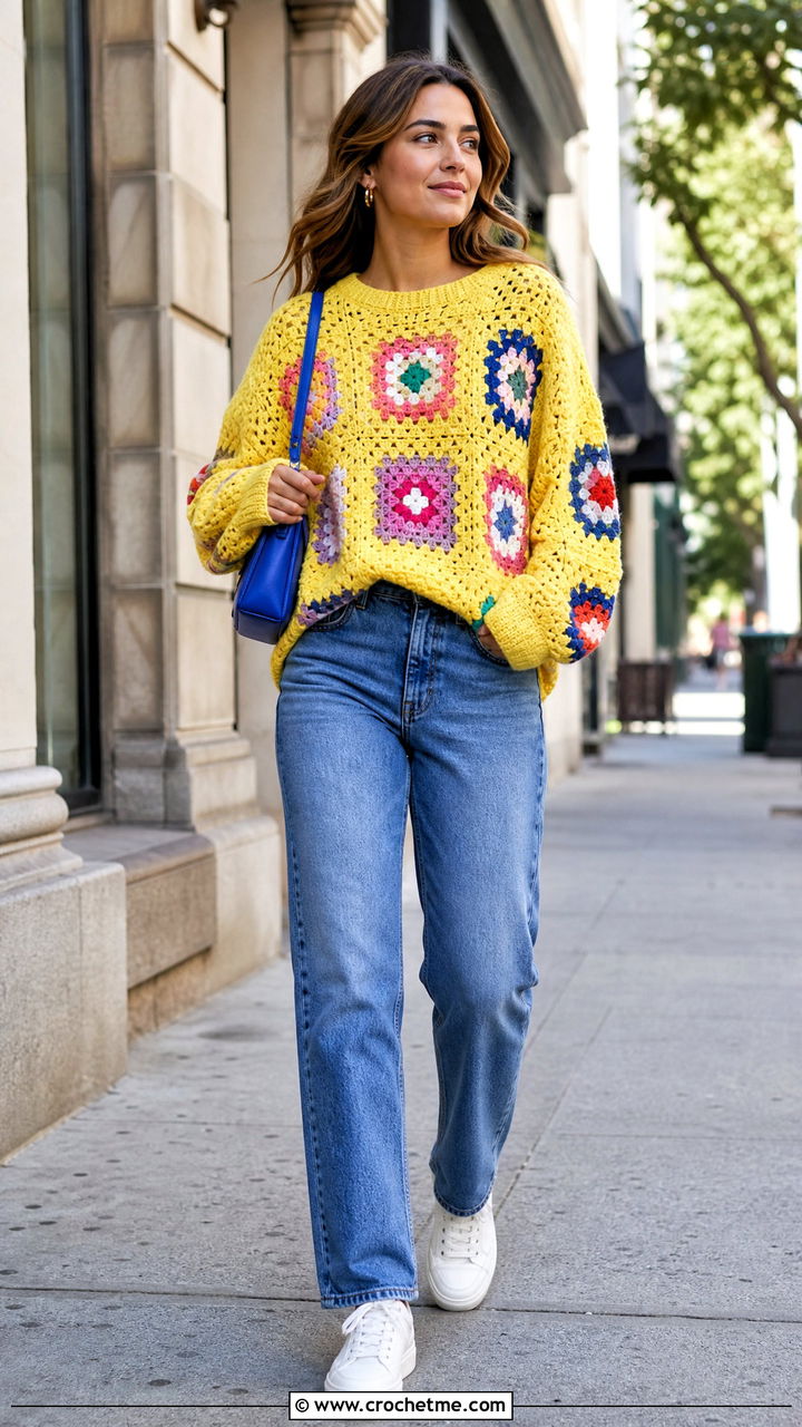 Granny Square Crochet Oversized Sweater With Straight Jeans - 35 crochet oversized sweater outfit ideas