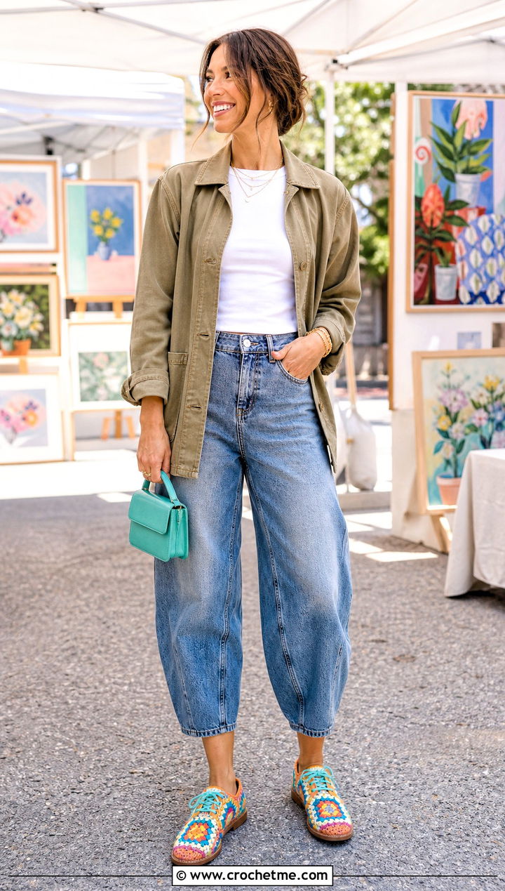 Granny Square Crochet Oxfords With Barrel Jeans - 15 Crochet Oxford Shoes outfit ideas