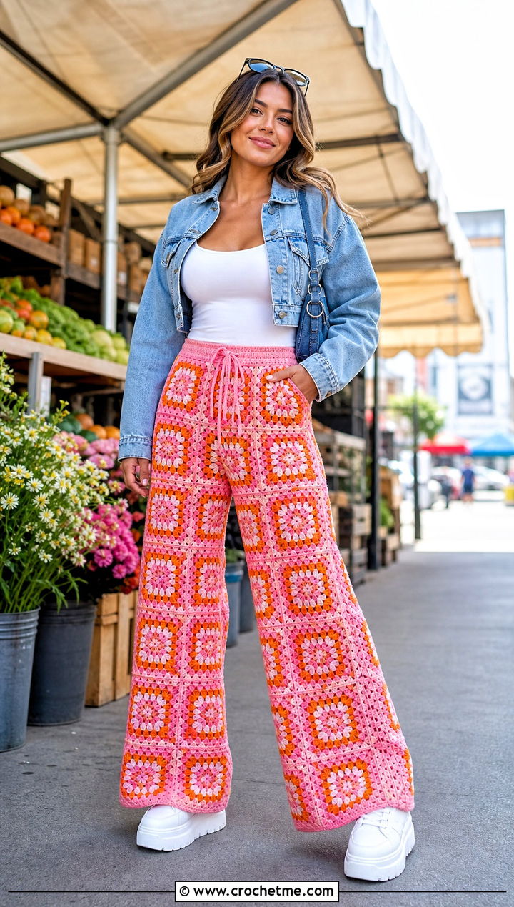 Granny Square Crochet Palazzo Pants With White Tank Top - 30 crochet palazzo pants outfit ideas