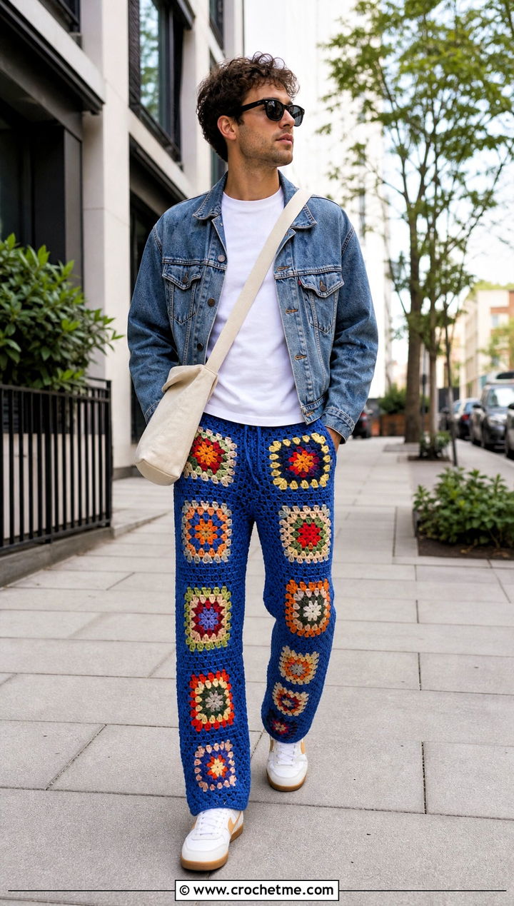 Granny Square Crochet Pants With Denim Jacket - 30 mens crochet pants outfit ideas
