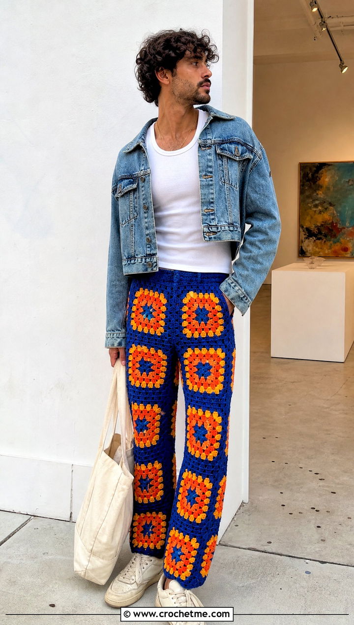 Granny Square Crochet Pants With Denim Jacket - 35 crochet pants men outfit ideas