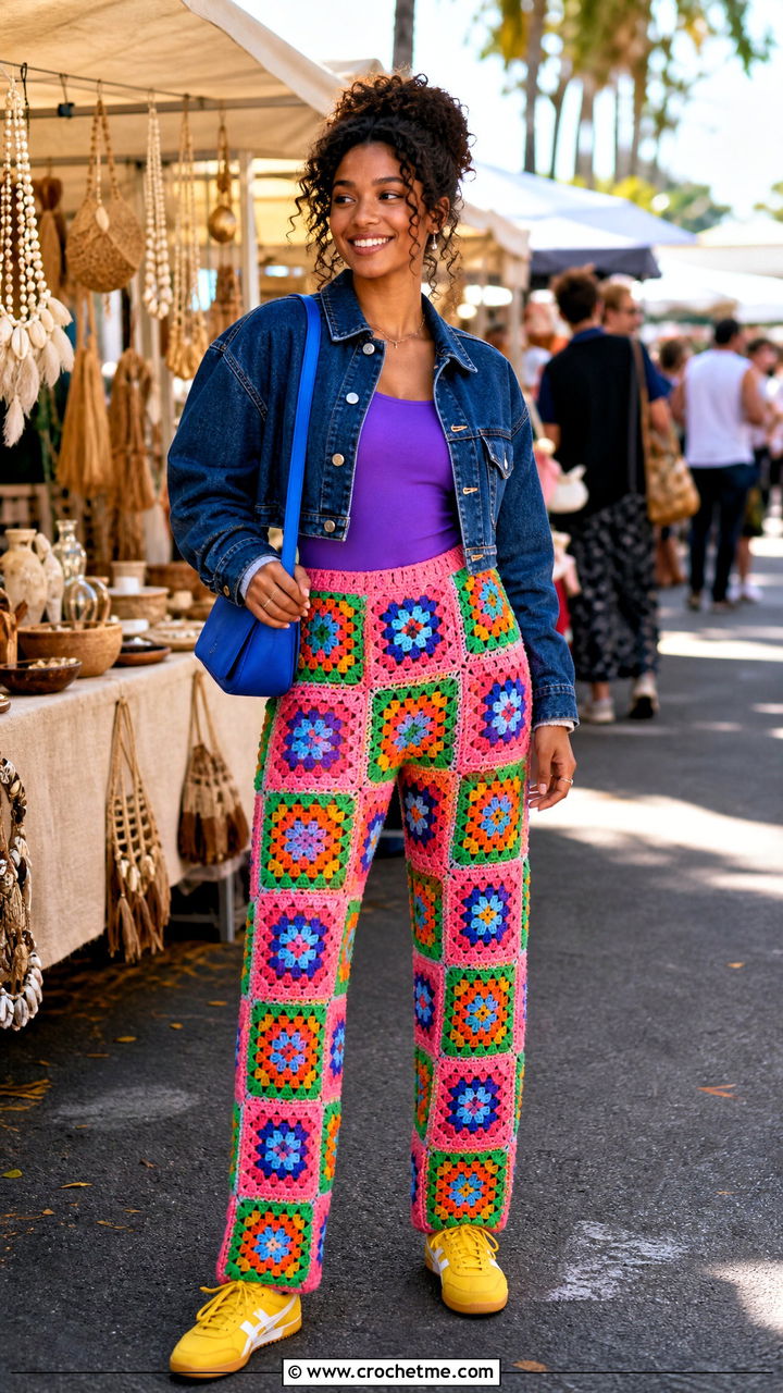 Granny Square Crochet Pants With Denim Jacket - 35 crochet pants outfit ideas