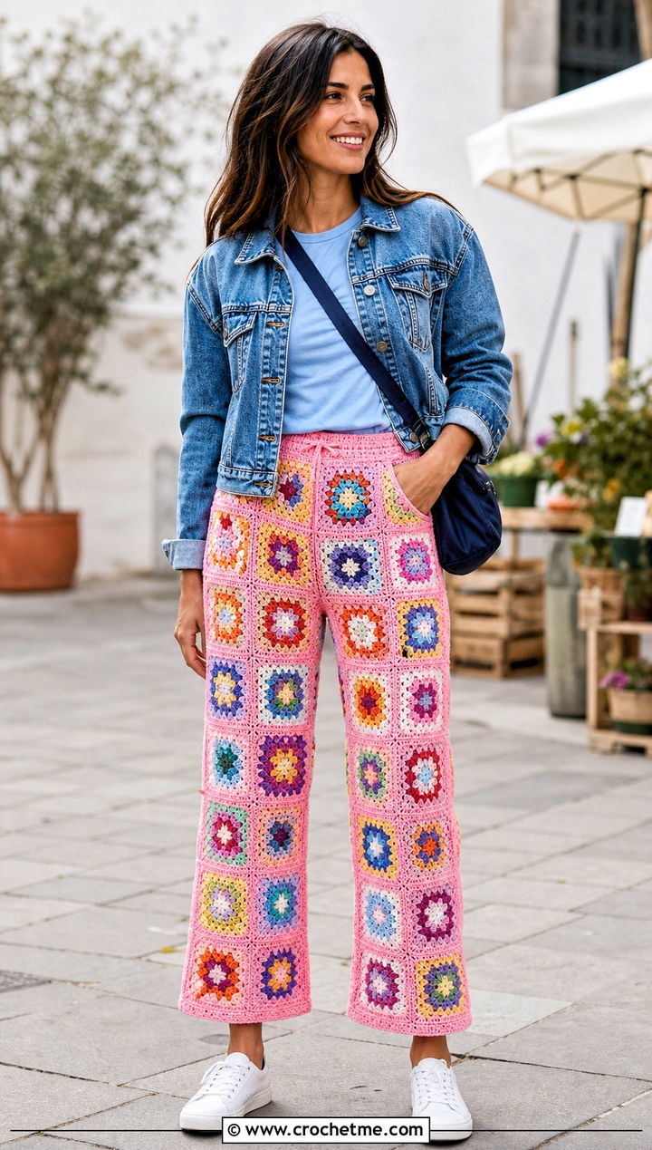 Granny Square Crochet Pants With Denim Jacket - 25 women crocheted pants outfit ideas