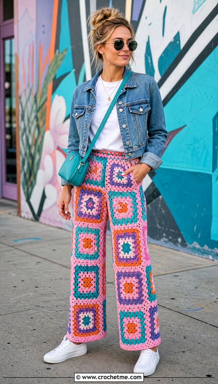 Granny Square Crochet Pants With Denim Jacket - 20 crochet pants women outfit ideas
