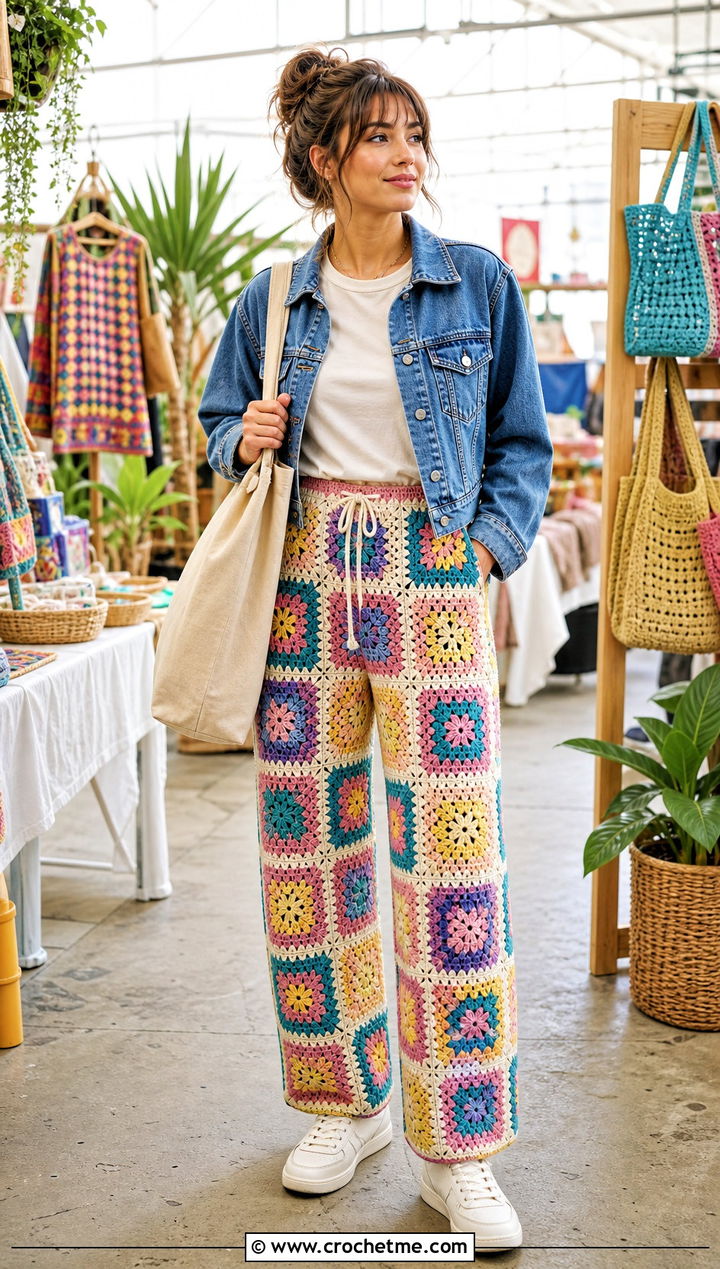 Granny Square Crochet Pants With Denim Jacket - 30 Crochet Pant Outfit ideas