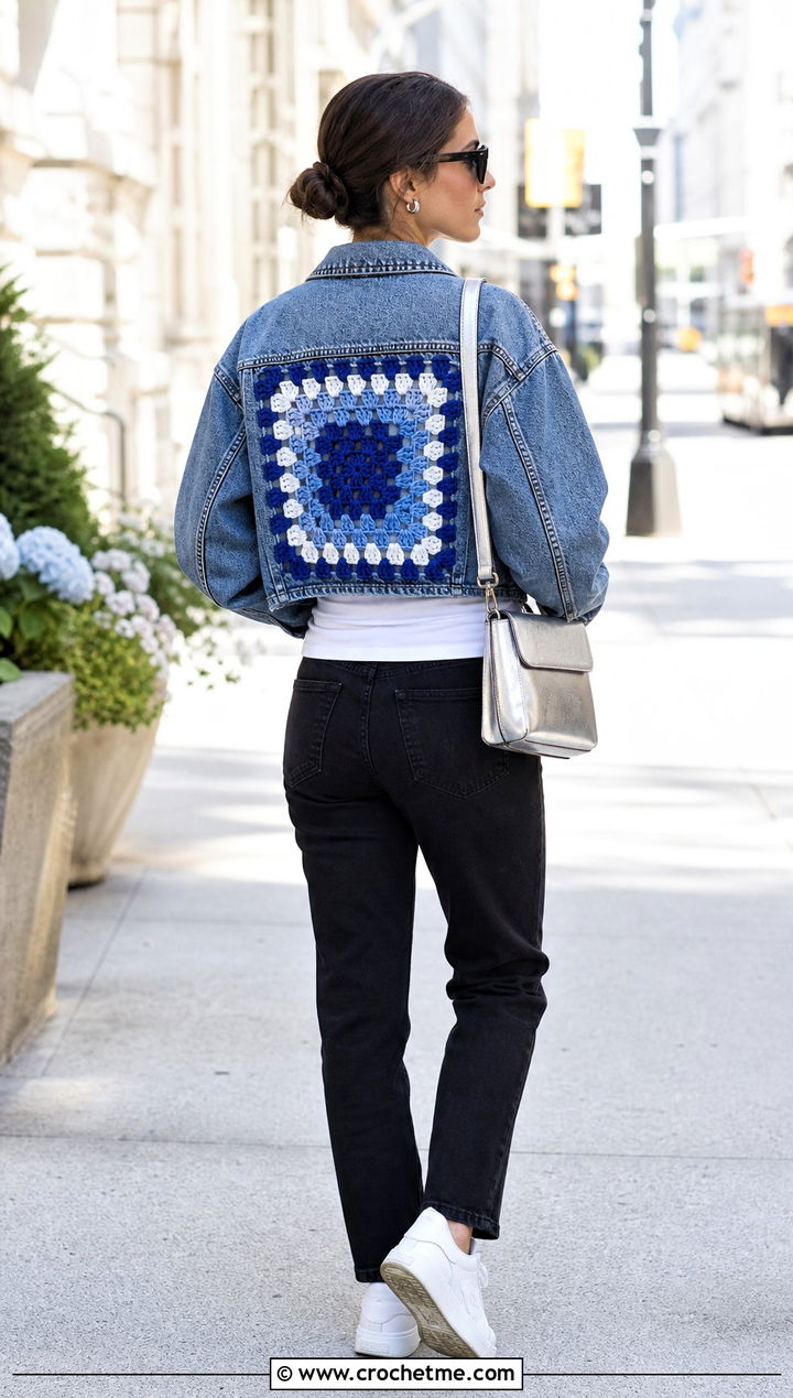 Granny Square Crochet Patch Denim Jacket Outfit - 30 crochet patches on clothes and outfit ideas