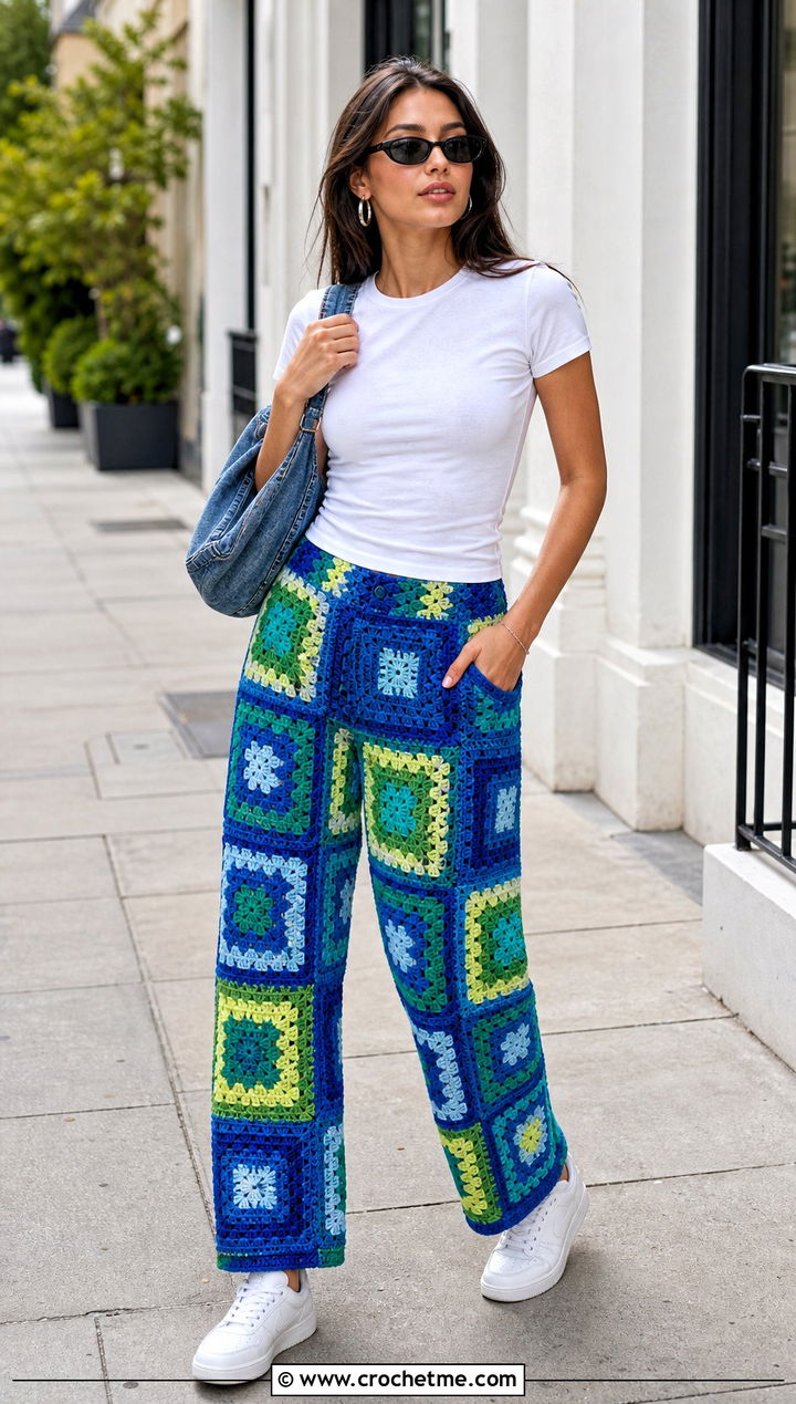 Granny Square Crochet Patchwork Pants With White T Shirt - 15 Crochet Patchwork Pants outfit ideas