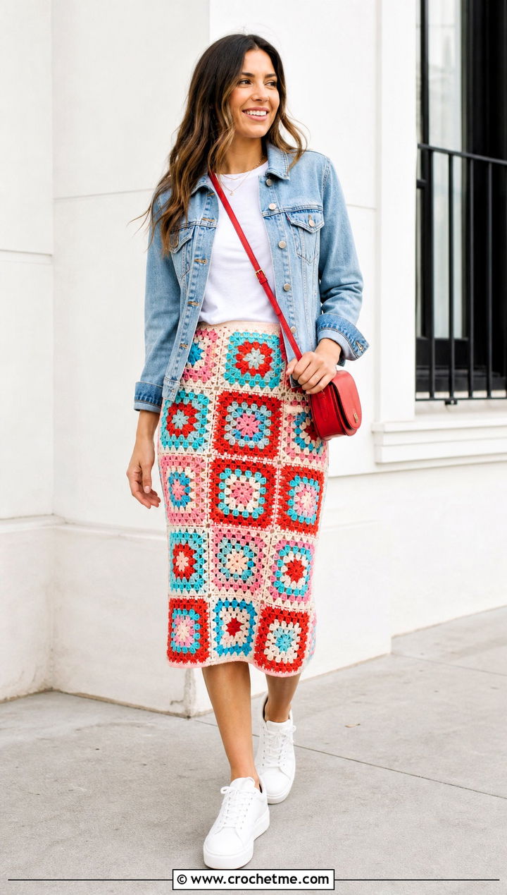 Granny Square Crochet Pencil Skirt With White T Shirt - 25 Crochet Pencil Skirt outfit ideas