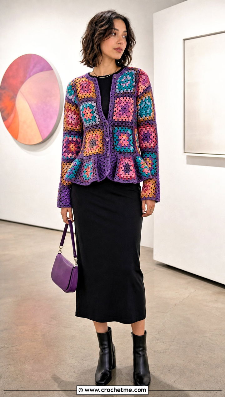 Granny Square Crochet Peplum Cardigan With Black Column Dress - 25 Crochet Peplum Cardigan outfit ideas
